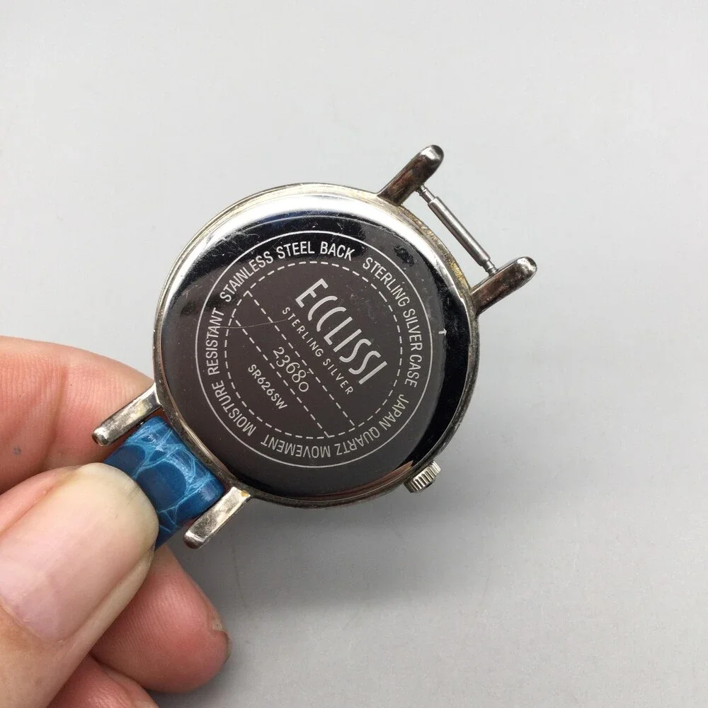 Ecclissi 23860 Womens Watch 36mm Sterling Silver Blue Leather New Battery